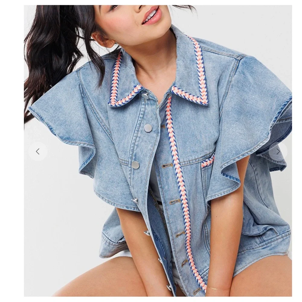 30 Boho Denim Big Ruffle Sleeve Vest Jacket - Picture 2 of 7